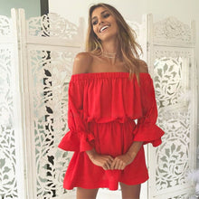 Women Dresses Summer Flare Sleeve Off Shoulder Bandage Solid