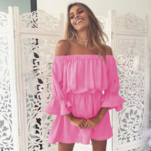 Women Dresses Summer Flare Sleeve Off Shoulder Bandage Solid